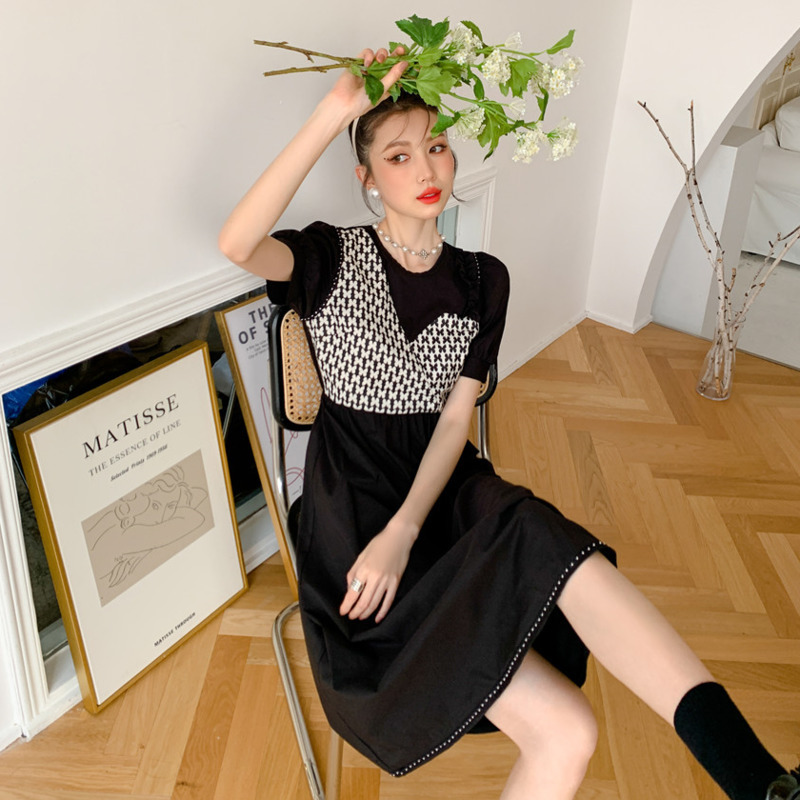 Women Dress O-Neck Puff Sleeve Mid-calf Plaid Temperament Loose Fit Fashion Summer 2H276 210526