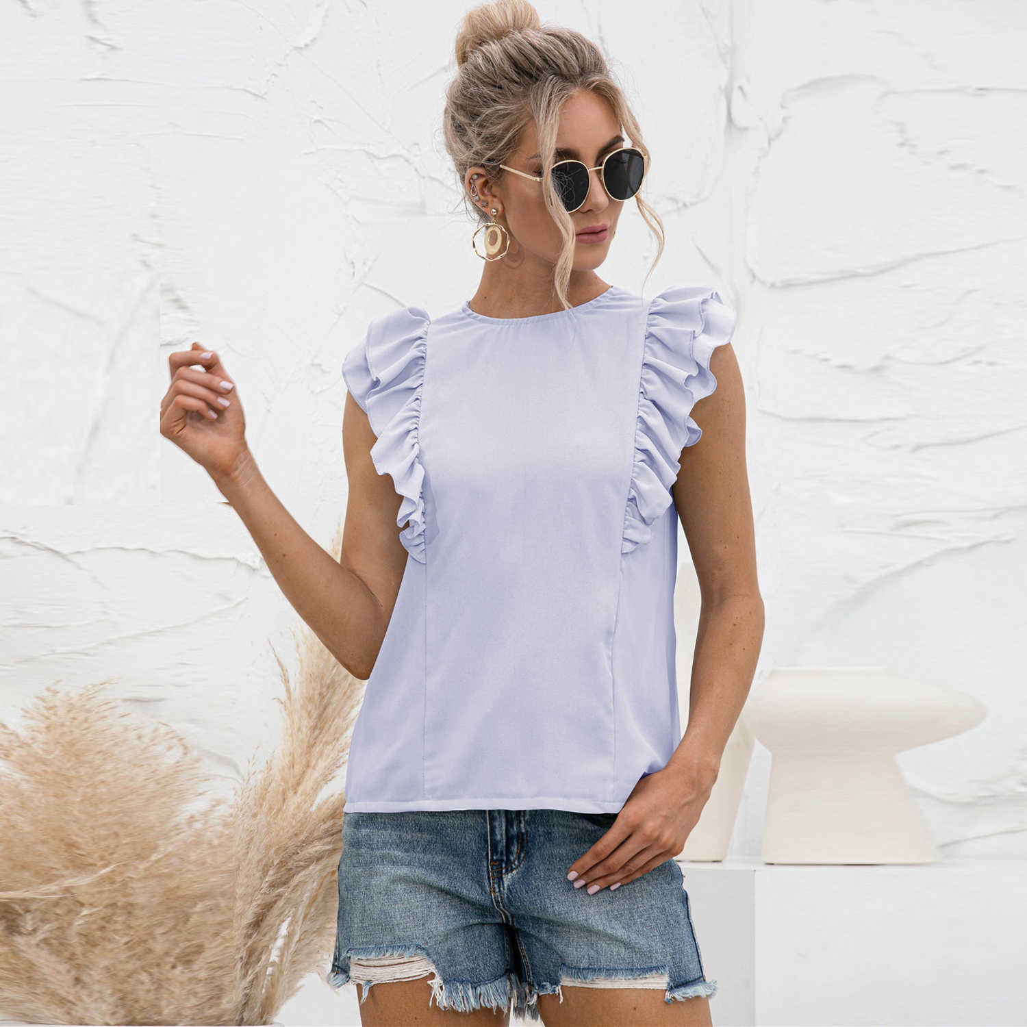 Solid Color Ruffle Vest Summer Women Casual O Neck Sleeveless Backless Lace Up Loose Tank Tops Elegant Chiffon Tee 210526, Purple
Solid Color Ruffle Vest Summer Women Casual O Neck Sleeveless Backless Lace Up Loose Tank Tops Elegant Chiffon Tee 210526, Purple