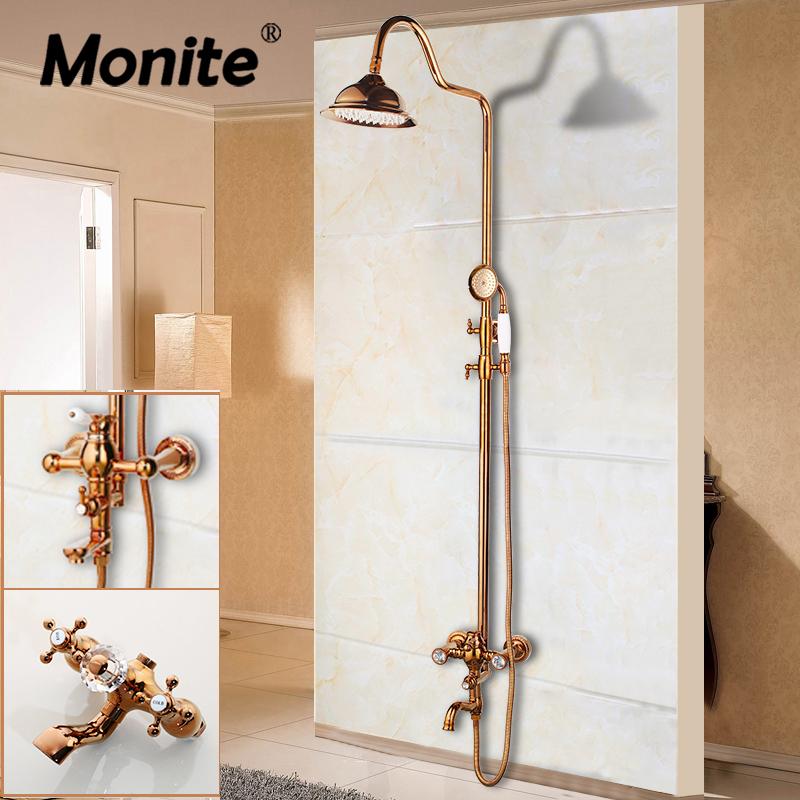 Monite Rose Golden Polish Solid Brass Bathroom Bathtub Shower Set Rainfall Head Crystal 2 Handles Faucet Mixer Tap Sets
Monite Rose Golden Polish Solid Brass Bathroom Bathtub Shower Set Rainfall Head Crystal 2 Handles Faucet Mixer Tap Sets