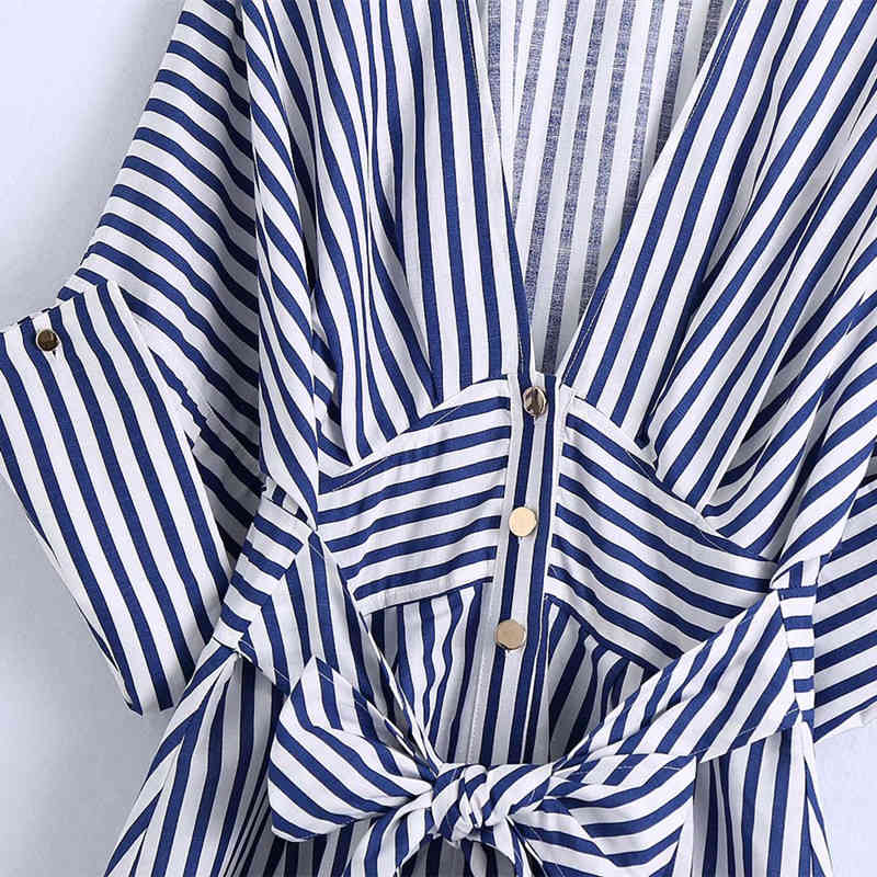 Casual Women V Neck Bow Lace Dress Summer Fashion Ladies High Street A-line Female Stripe Draw Back 210515