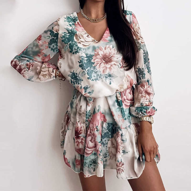 Trending Dresses for Women Spring Summer V Neck Floral Print Ruffle Casual Party Beach Robe Femme Vestido A Line Mini Dress 210630