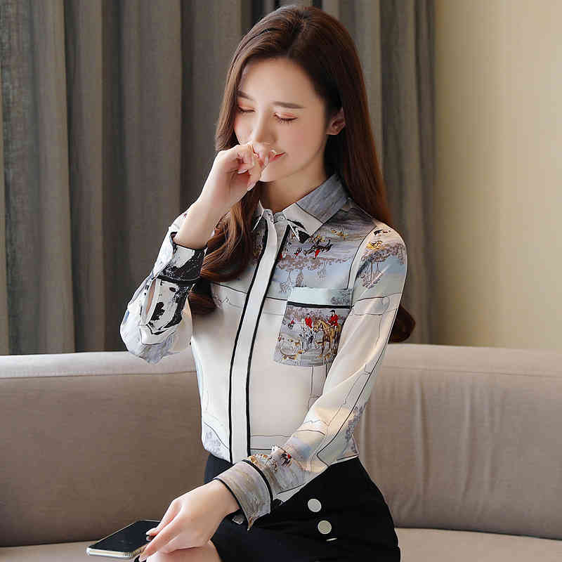 Blusas Mujer De Moda Fashion Elegant Print Long Sleeve Silk Women Shirts Womens Tops and Blouses Spring 8526 50 210510