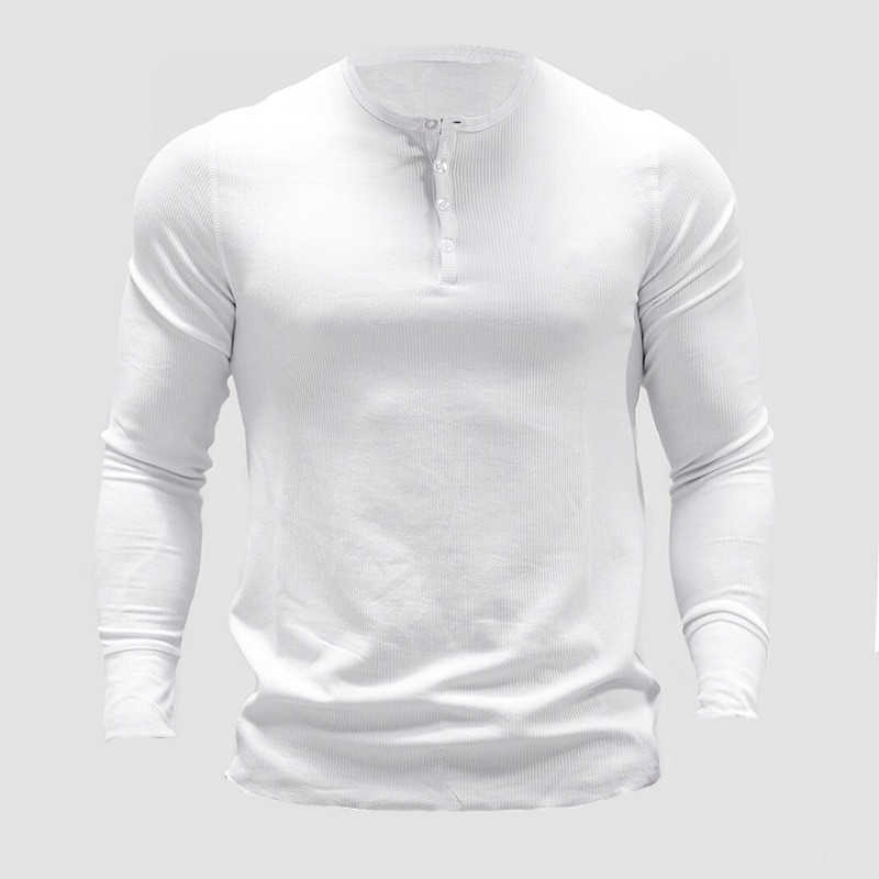 YEMEKE Men's Button collar Long-sleeved o-neck wear cotton slim shirt T-shirt fashion GYMS exercise breathable sportswear 210629