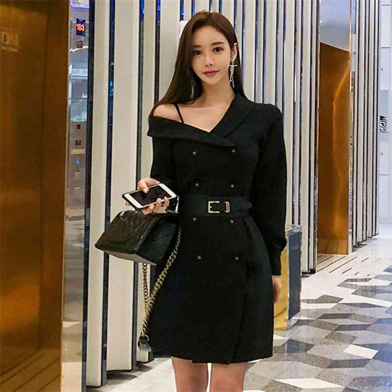 Fashion Korean OL Blazer Dress Black Office Lady Spaghetti Strap One Shoulder Long Sleeve Belt Women Casual Work 210603
Fashion Korean OL Blazer Dress Black Office Lady Spaghetti Strap One Shoulder Long Sleeve Belt Women Casual Work 210603