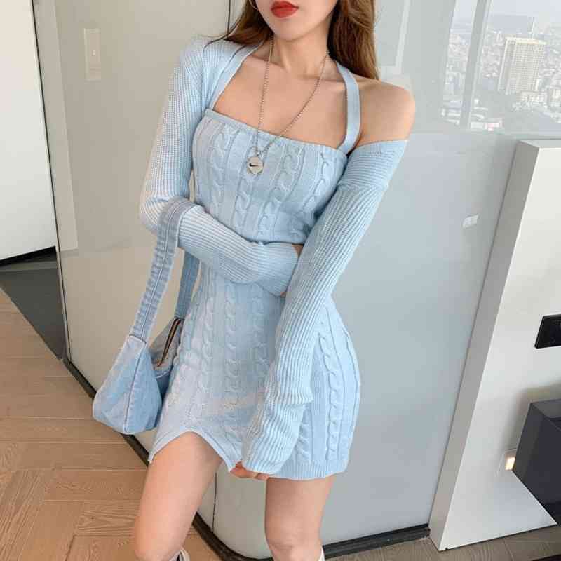 Matching Sets Sexy Tight Temperament Halter Knitted Dress Women Mini + Long Sleeve Top Fashion Blue White Elegant Chic 210429