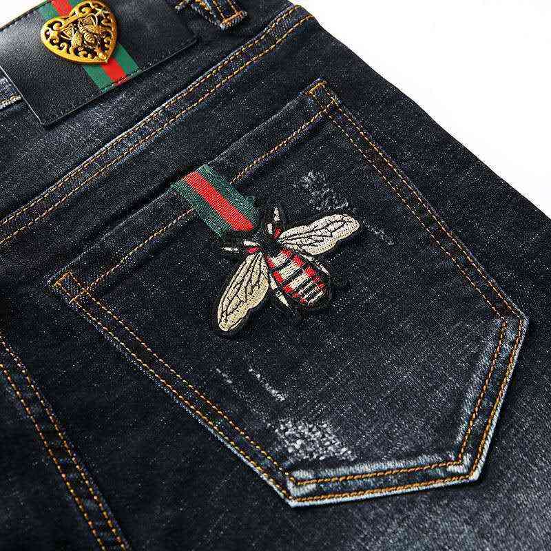 High-end Men's denim jeans feet pants slim fit autumn casual stretch all-match embroidery little bee teenagers pencil pants 211120