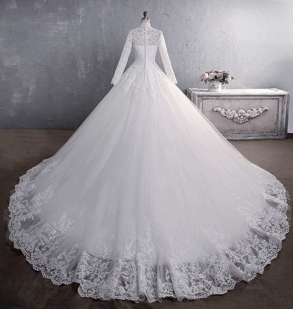 Muslim Ball Gown Wedding Dresses High Neck Long Sleeves Lace Appliques Beads Court Train Custom Made Arabic Islamic Modern Tulle Bridal Gowns 2021 rob
