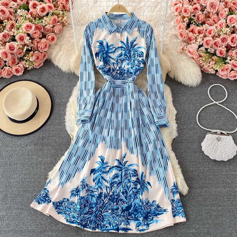 DEAT Women Printing Striped Dress Lapel Long Sleeve Arrivals Lady Temperament Fashion Spring Autumn 11D1642 210709