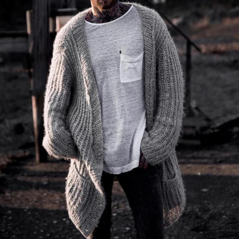 Pockets Men Autumn Winter Knitted Sweater Coat Long Cardigan Open Stitch Jacket Oversized Tricot Ribbed Men's Sweaters