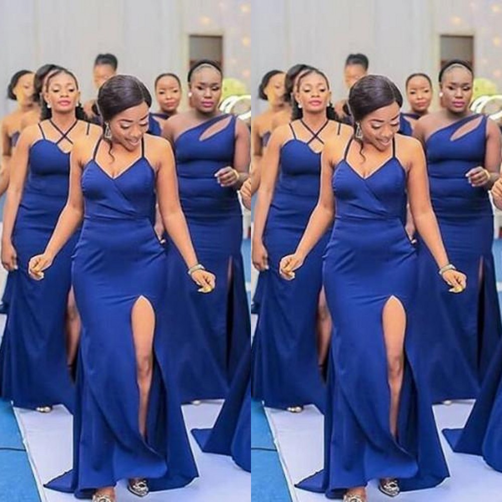 2021 Difference Neckline Style Sexy Arabic Bridesmaid Dresses Royal Blue Mermaid Satin Wedding Guest High Split Floor Length Maid Of Honor Dress