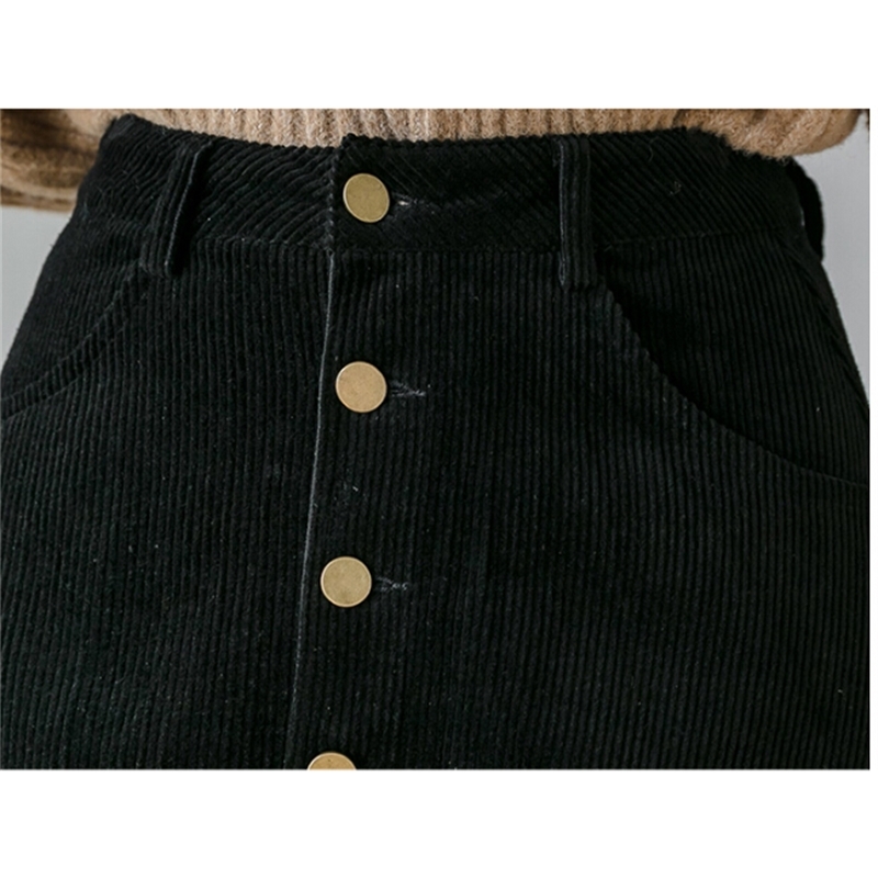 Autumn Corduroy A-Line Skirts Women Korean Style High Waist Pockets Ladies Single-Breasted Mujer Faldas 210520