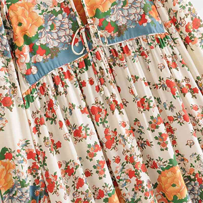 beauty Fashion Boho Floral Print Maxi Dress Women Summer Chic Holiday Wear O-neck Bow Tie Loose Long Dresses Female 210514