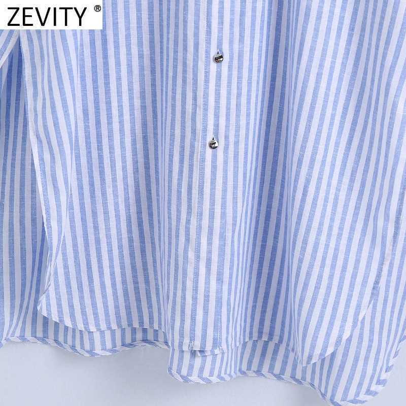 Zevity Women Vintage Striped Print Loose Smock Blouse Office Lady Short Sleeve Side Split Casual Shirts Chic Blusas Tops LS9352 210603