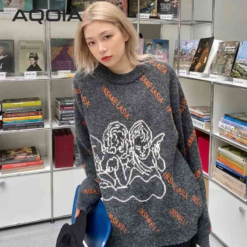 Harajuku Angel Embroidery Knit Female Pullovers Y2K Long Sleeve Women's Sweater Loose Oversize Woman Sweaters Plus Size Clothing 210521