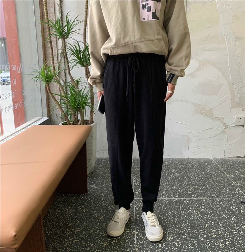 Nomikuma Knitted Harem Pants Autumn Lace Up Stretch High Waist Women Trousers New Solid Causal Long Pants Femme 6C302 210427