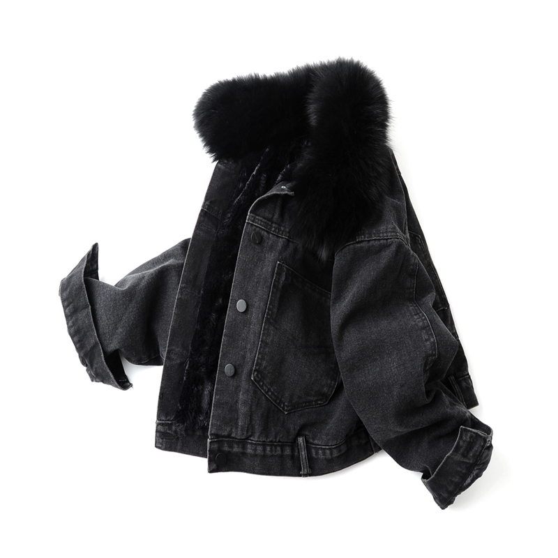 Winter Casual Solid Real Fur Collar Denim Jacket Female Loose Single Breasted Plus Velvet Thickened Parkas Women 210514