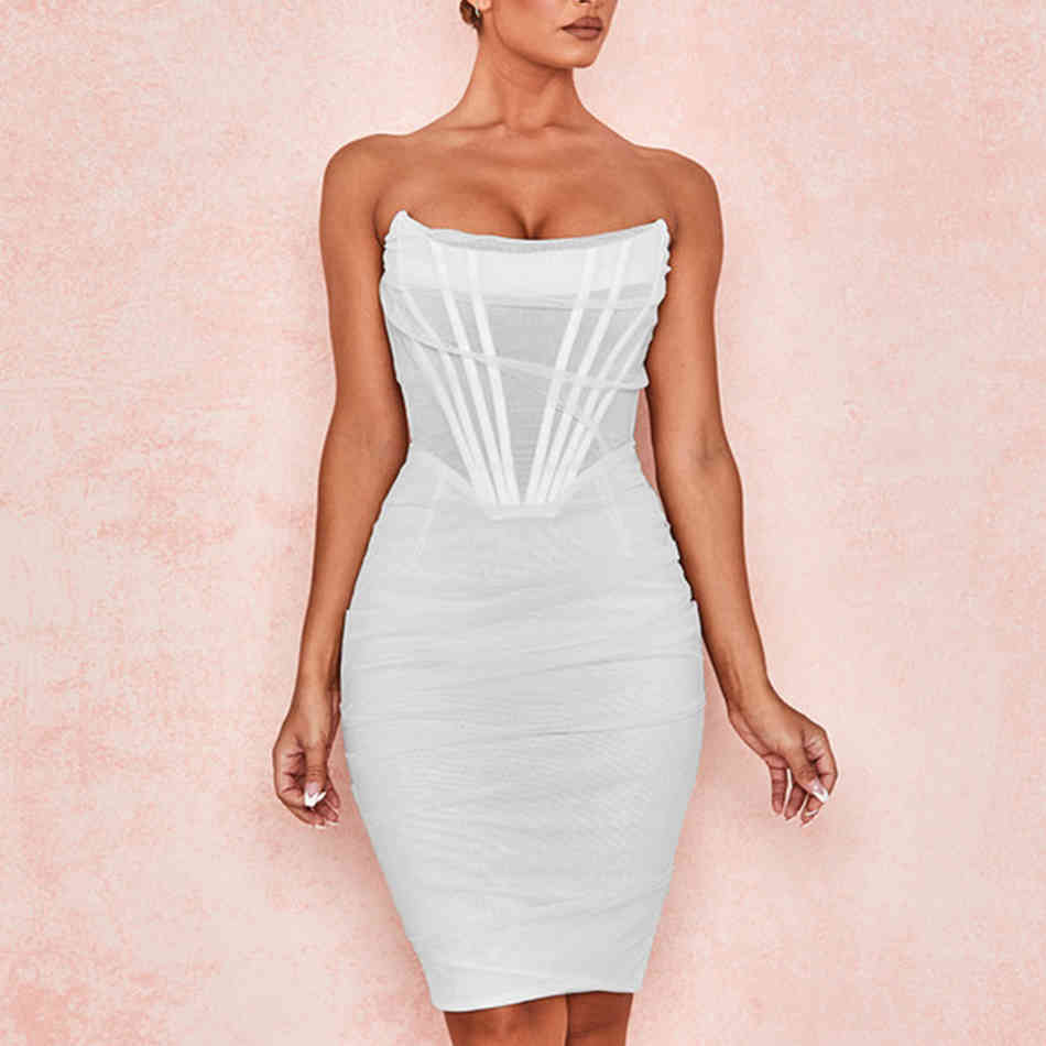est Summer Sexy Women Dresses White Strapless Line mesh Sleeveless Party Dress Backless Clubwear Midi Vestidos 210423