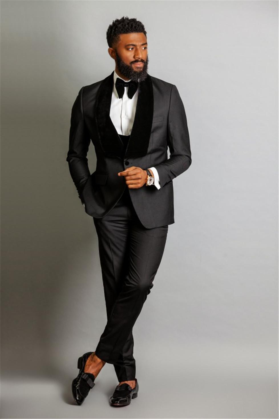High Quality One Button Black Groom Tuxedos Shawl Lapel Wedding/Prom/Dinner Groomsmen Men Suits Blazer (Jacket+Pants+Vest+Tie) W1382