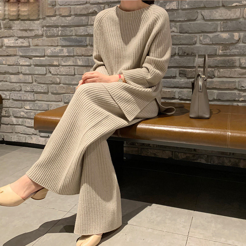 Women's Knitted Suits Winter Fashionable Pants Set Loose Thick Sweaters Wide Leg Trousers Two-piece 210506