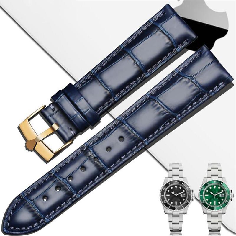 Watch Bands Smooth Genuine Leather Strap 17 19 20 21mm Blue Brown Black Calfskin Watchband For RX Datejust GMT CROWN Logo
