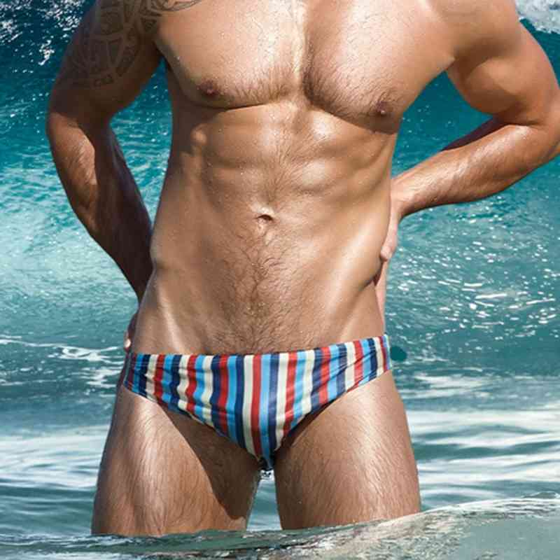 Men Swimsuit Striped Firm Swimwear Man Drawstring Swimming Suit Beachwear Elastic Quick Dry Breathable Swim Briefs Man 210515