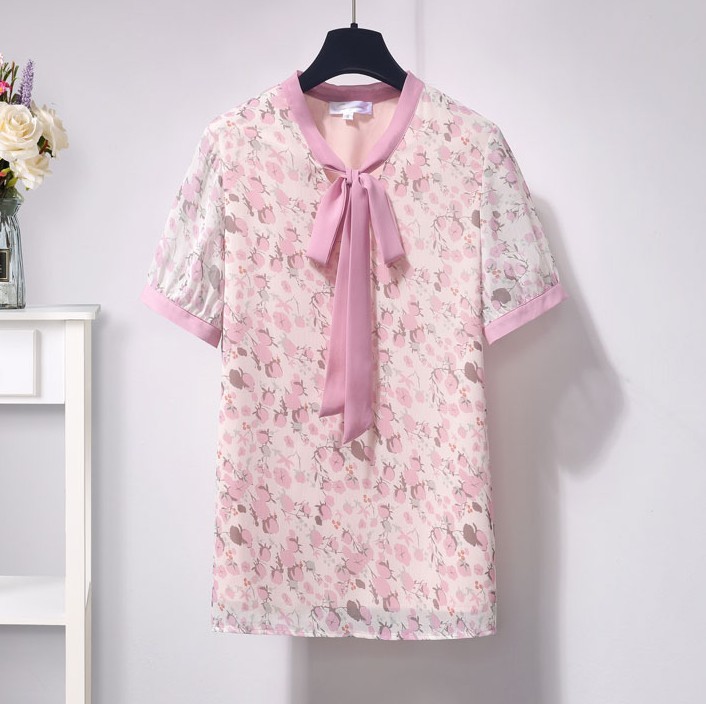 Women Pant Suits Summer Sweet Pink Flowers Print Chiffon Bow Tie Shirt Top + High Waist Long Trousers Female 2 Piece Set 210519