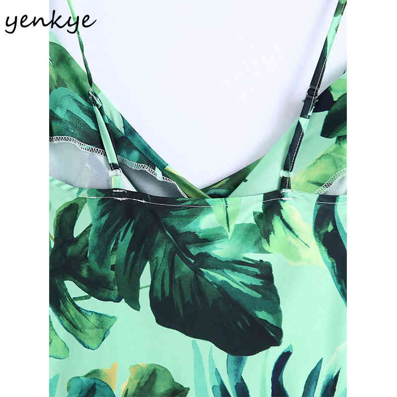 Summer Women Green Tropical Print Sling Long Dress Female Sleeveless Side Slits Sundress Sexy Vestido 210430