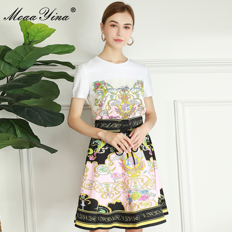 Fashion Runway Summer Casual Print Skirt Suit Women's Short Sleeve White Top+High waist Mini 2 Piece 210524