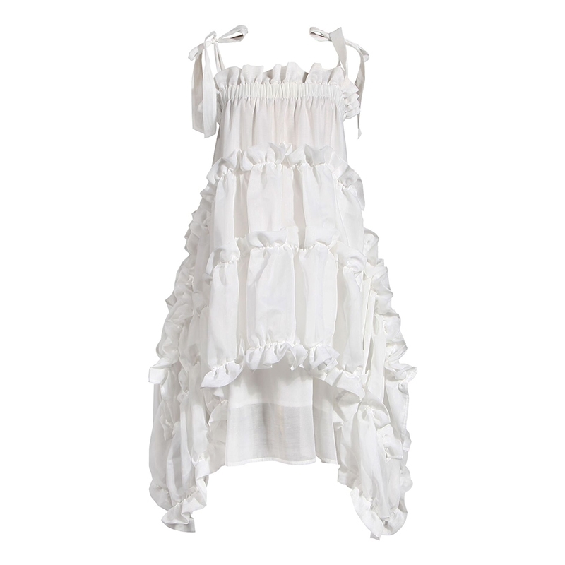 DEAT Women Irregular Ruffles Spaghetti Strap Dress New Round Neck Sleeveless Loose Fit Fashion Spring Summer 1W571 210428