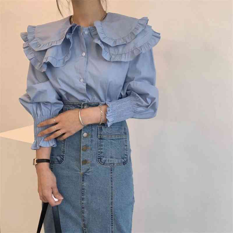 Double-layer Korean Women Blouses Shirts Spring Full Sleeve Single-breasted Tops Elegant Office Ladies Fashion Blusa 210514