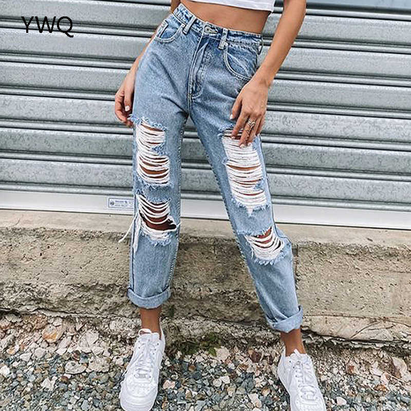 Streetwear Women Baggy Jeans Ripped For High Waist Cargo Pants Fashion Vintage Hole Mom Denim Trousers 210922