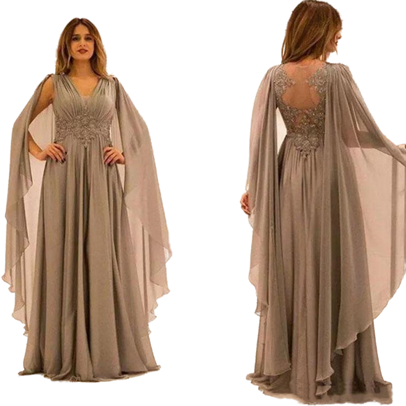 Elegant Long Arabic Evening Dresses Cape Sleeves New 2022 Chiffon Lace Appliques Sexy Illusion Back Prom Party Gowns Women Formal Wear Plus Size Mothe