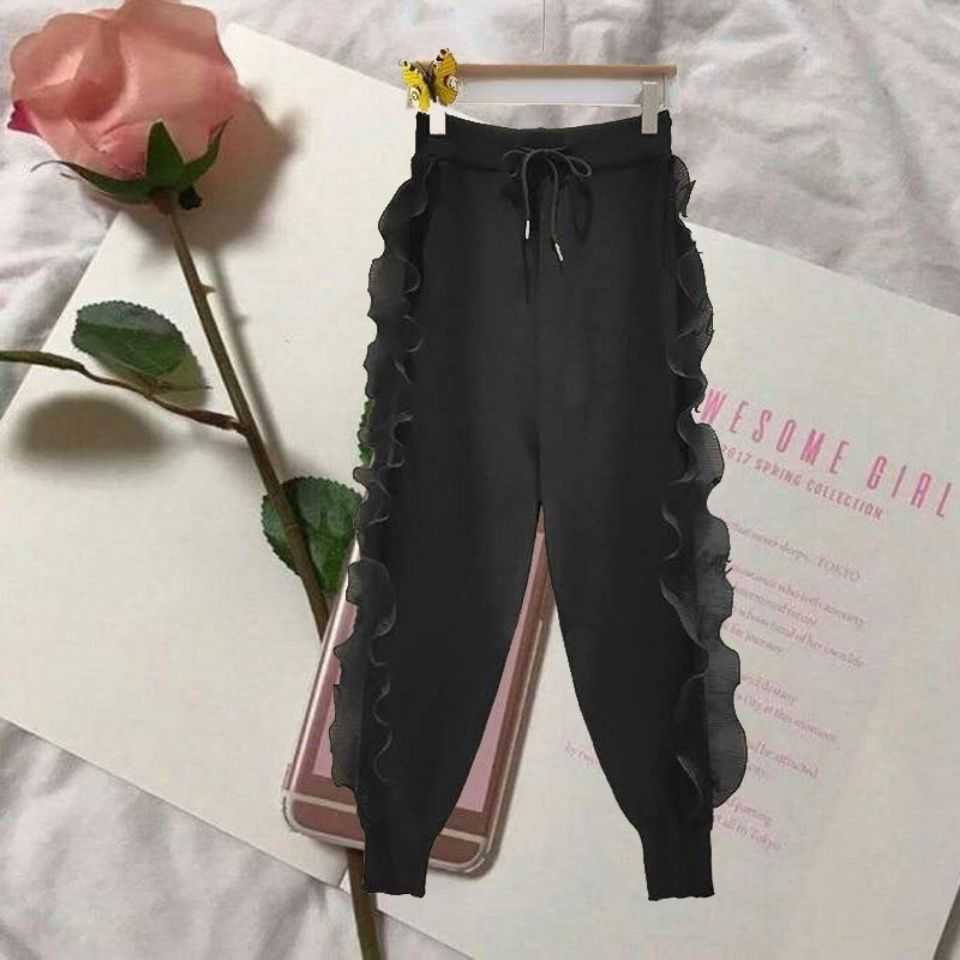 Nomikuma Autumn Winter Knitted Harem Pants Korean Ruffle Patch Long Trousers Causal Lace Up High Waist Sweater 6D433 211115