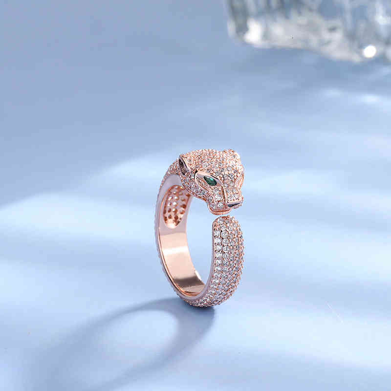 S925 Sterling Silver Leopard Head Ring Full of Diamond Cheetah Male and Female Opening Accessories