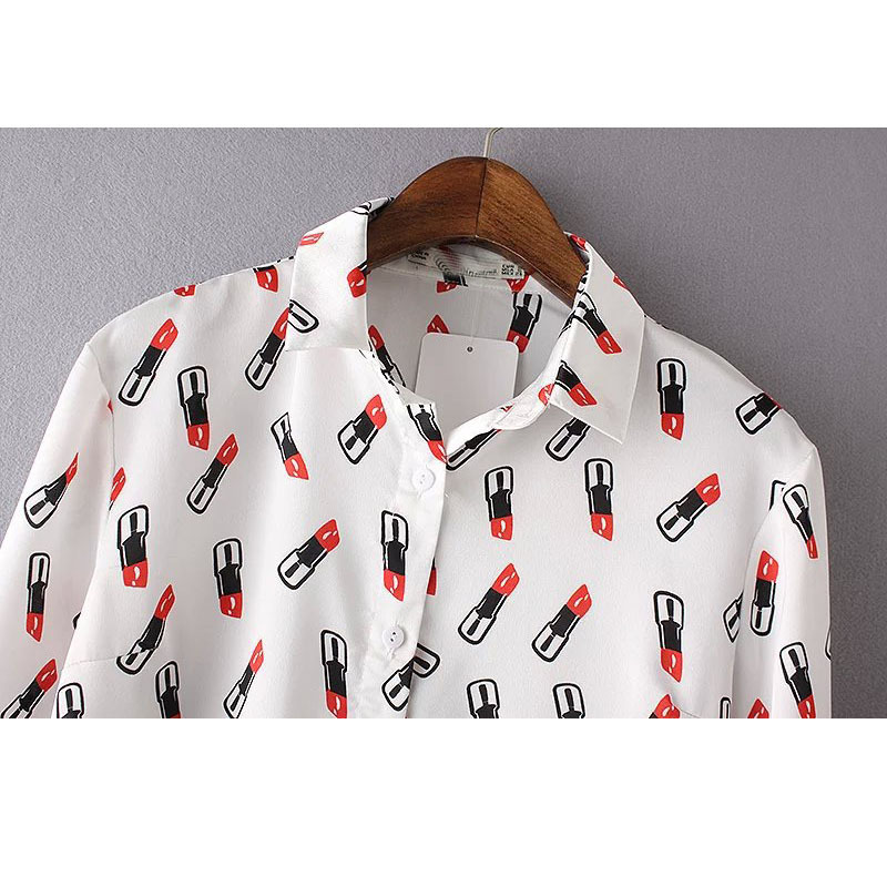 Korean Version Slim Long-sleeved Lipstick Printed Chiffon Shirt Autumn Simple Wild Elegant Women's Shirt White Black Female Tops 210507