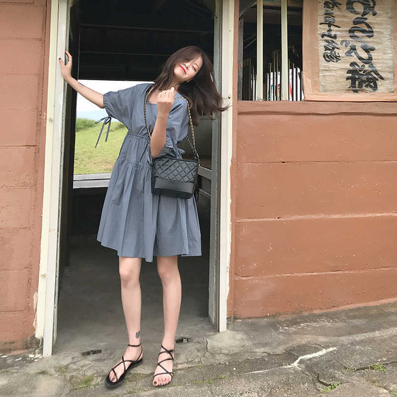 Summer Sweet Fresh Silm Waist Bandage Cute O-neck Folds Dresses for Women Fashion Office Lady Vestidos Female 210525