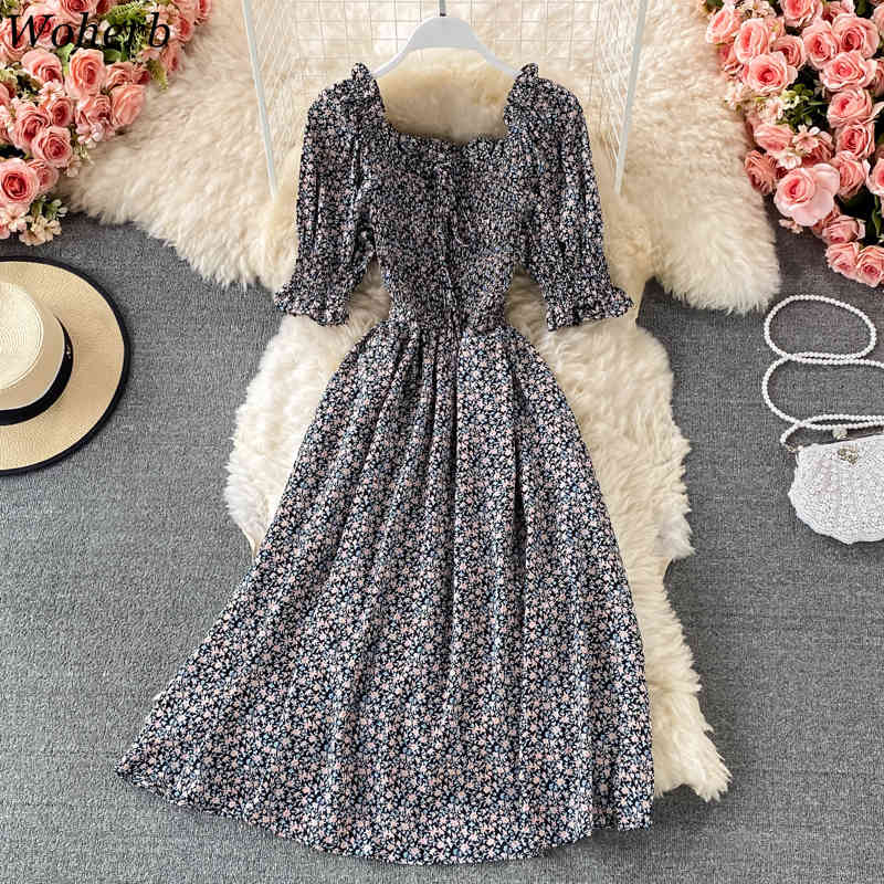 Summer Bohemian Midi Dress Women Pleated Vestidos Female Floral Print Chic Sweet Ruffle Robe Fashion Dresses 210519