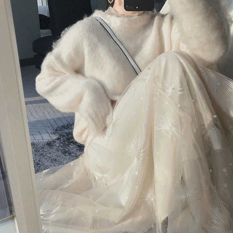 Elegant Embroidered Mesh Pearl Skirt Layers Tiered Tulle Women High Waist Long Maxi Pink White School Sun Lady 210619wtt