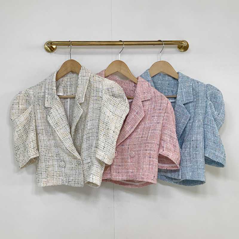 Korea Chic Retro Summer Short Sleeve Lapel Tweed Jacket Straight Puff Sleeve Short Cardigan Coat Crop Tops Fashion Sexy Wild 210928