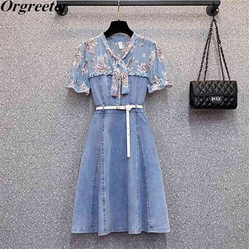 Dress for Women Summer Floral Printted Chiffon Patchwork Denim Robe Femme Bow collar Short Sleeve Belted Vestidos 210602, Blue
Dress for Women Summer Floral Printted Chiffon Patchwork Denim Robe Femme Bow collar Short Sleeve Belted Vestidos 210602, Blue