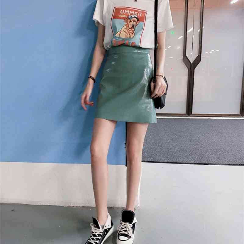 High Waist Patent Pu Leather Women Skirt Zip-up A-line Mini Spring Summer Fashion Ladies Femme 210514