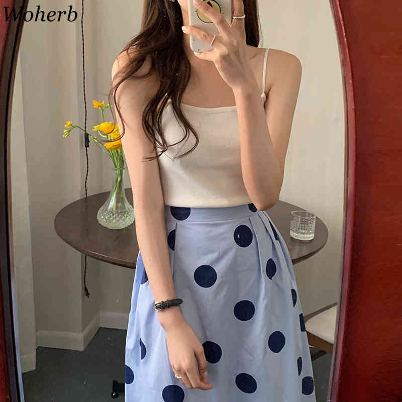 Chic Two Piece Set Women White Sling Crop Tops High Waist Polka Dot Skirt Korean Suit Ropa Mujer 2 for Woman 210519