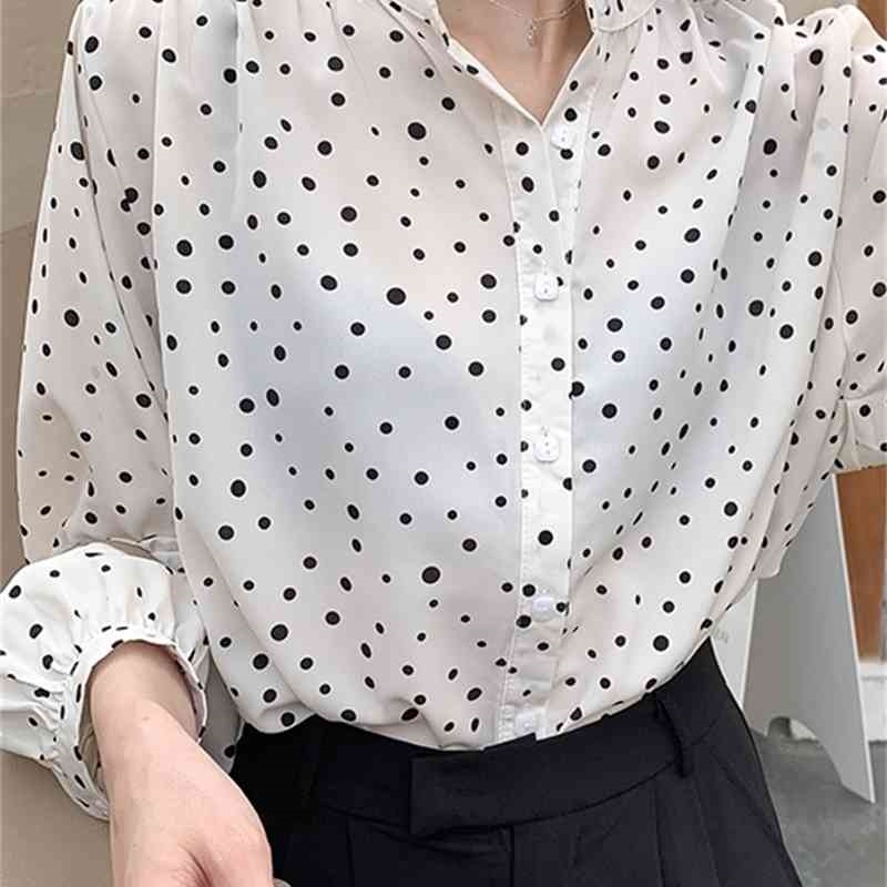 Camisas Mujer Polka Dot Chiffon Blouses Women Spring Vintage Shirts Stand Neck Lantern Sleeve Fashion Blouse Tops Femme 210519