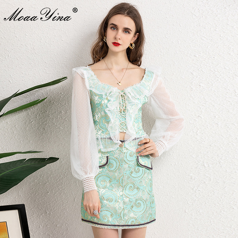 Fashion Runway Summer Short Jacquard Skirts Suit Women's Sexy Ruffle Mesh Long sleeve Tops and 2 Pieces Set 210524