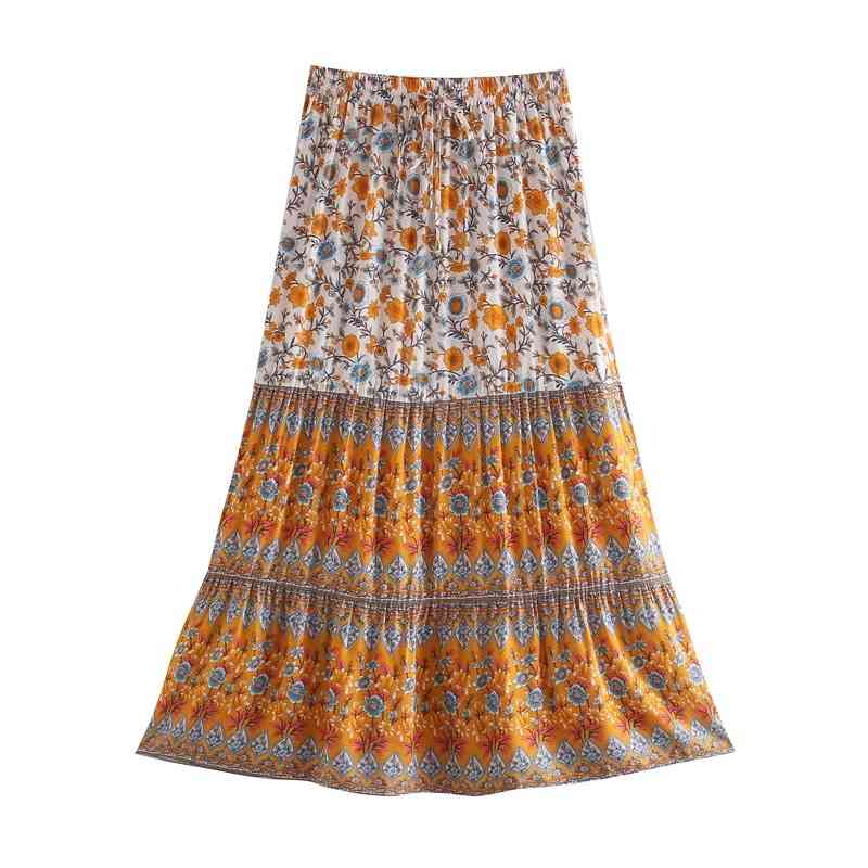 3 Colors Bohemia Floral Print Long Skirt BOHO Stitching Ruched Ruffle Hem Holiday Women Adjust Stream Waist Swing Skirts 210429