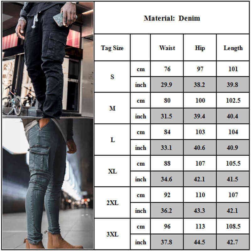 Men Solid Skinny Pockets Denim Cargo Combat Pants Jeans Slim Fit Trouser Bottoms Fashion Men's Casual Outwear Jeans 211120