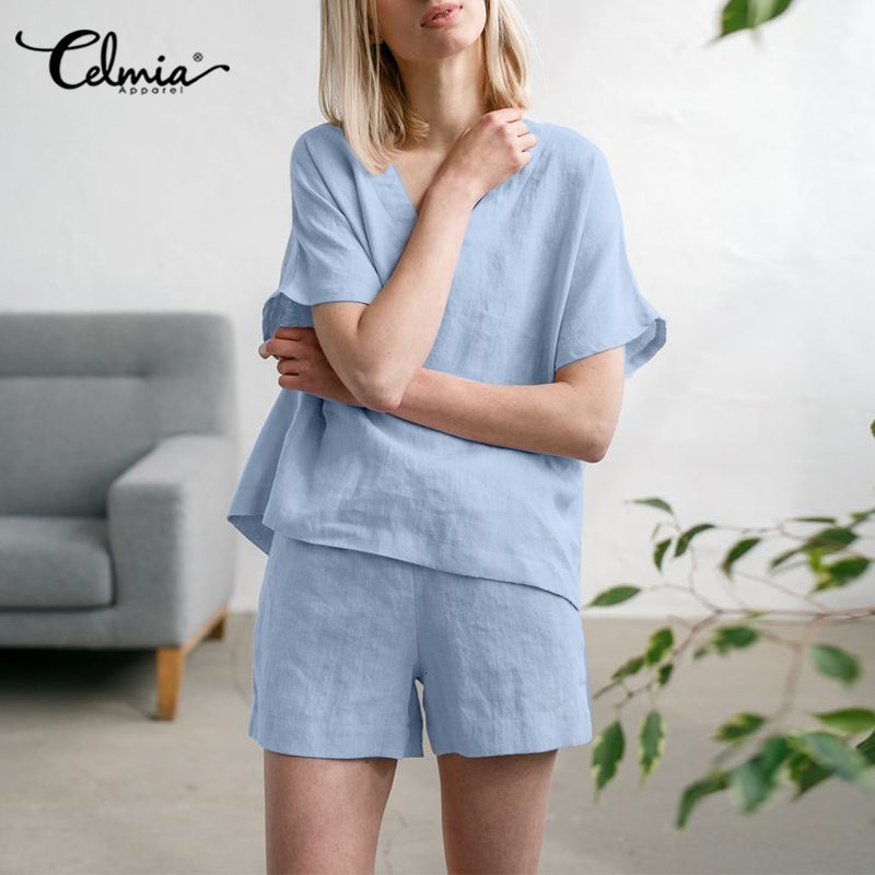 Vêtements de sommeil S-5XL Home Costumes Celmia Femmes Summas manches courtes Col V V-cou Décontracté Pyjama Ensembles Solide Sexy 2PCS Sleepwear