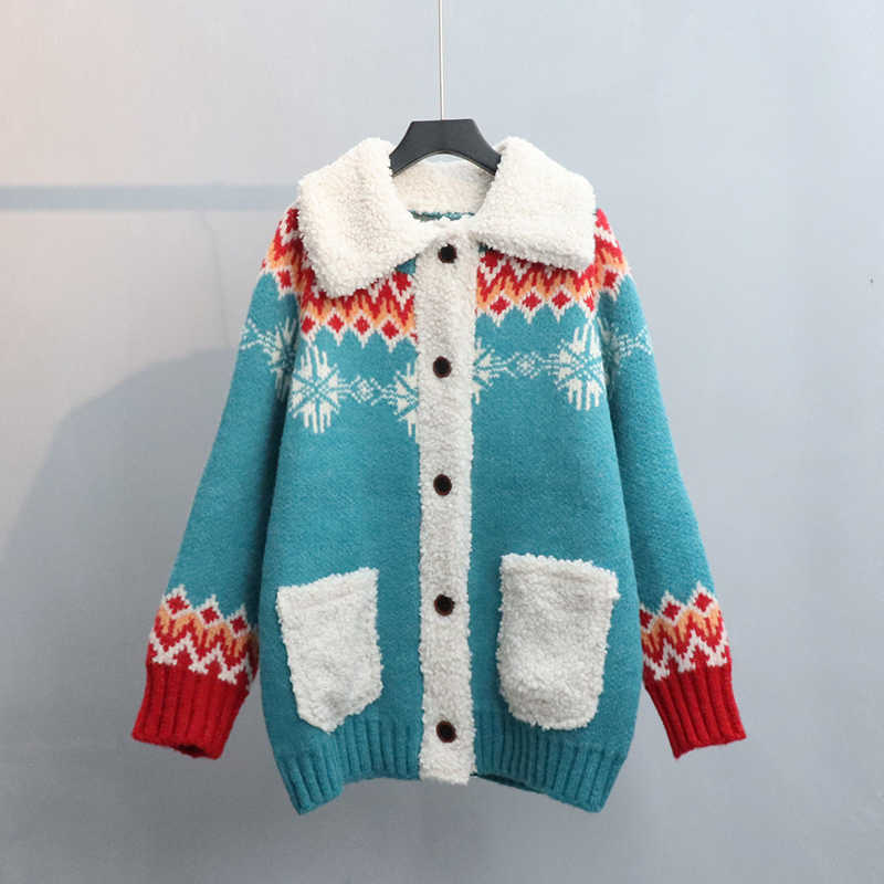 H.SA Women Fleeced Sweater and Cardigans Long Style Vintage Christmas Casual Tops Big Pocket Warm Geometric Knit Jacket 210716