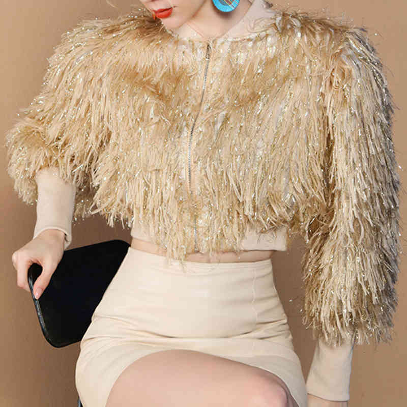 VGH Patchwork Tassel Streetwear Jacket For Women Stand Collar Long Sleeve Casual Short Coat Female Fashion New Clothing 210421