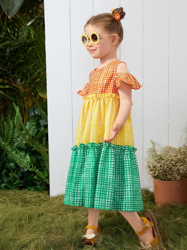 Toddler Girls Plaid Colorblock Cold Shoulder Ruffle Hem Smock Dress SHE